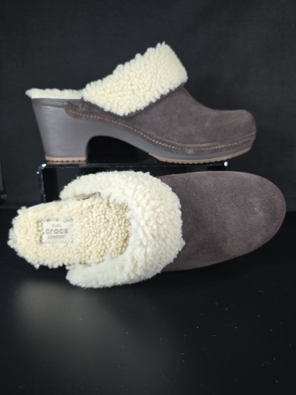 Crocs NWOB Sarah Dual Comfort Brown Suede Faux Fur Lined Heeled Clogs Women’s 9 - Picture 5 of 8